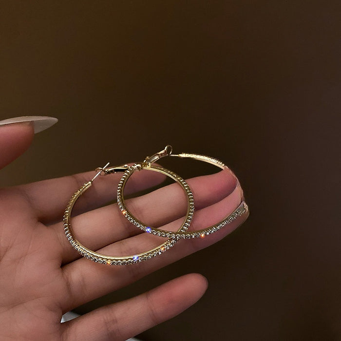 Alloy Silver Needle Rhinestone Large Hoop Earrings Statement Round Fashion Ear Jewelry