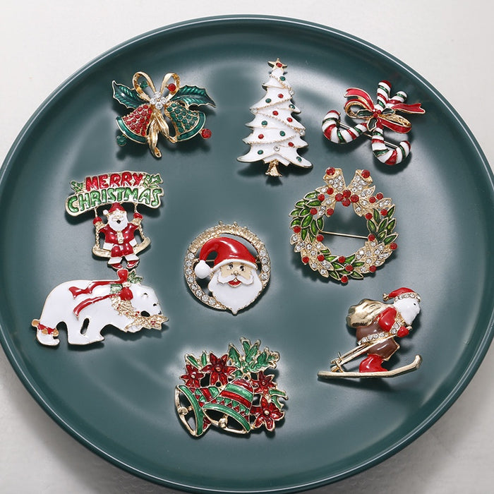Cute Christmas Cartoon Brooch Pin With Bell Snowman Wreath Glove Santa Badge For Holiday Gifts