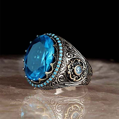 European American Fashion Women's Oversized Round Blue Gemstone Ring Statement Jewelry