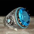 European American Fashion Women's Oversized Round Blue Gemstone Ring Statement Jewelry view 3