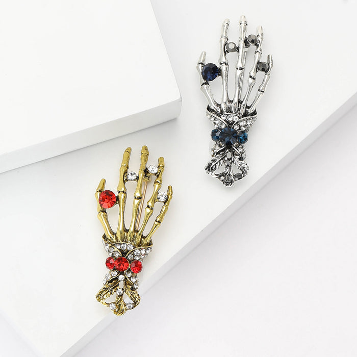 Alloy Rhinestone Skull Hand Brooch Pin For Punk Apparel Decoration
