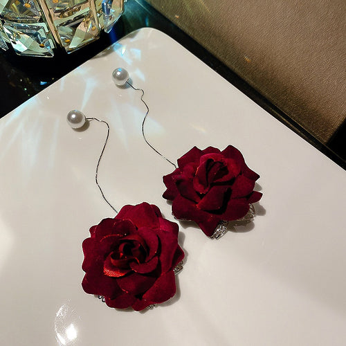 French Vintage Red Flower Pearl Threader Drop Earrings With Silver Pin For Women