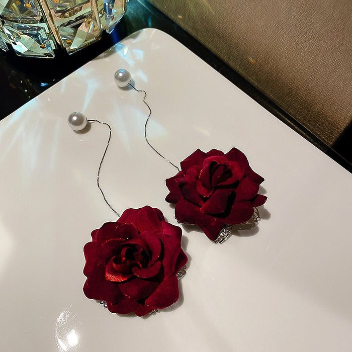 French Vintage Red Flower Pearl Threader Drop Earrings With Silver Pin For Women
