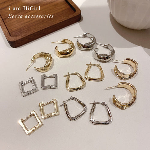 Gold Plated Alloy Geometric Hoop Earrings With Silver Pins Minimalist Korean Japanese Style