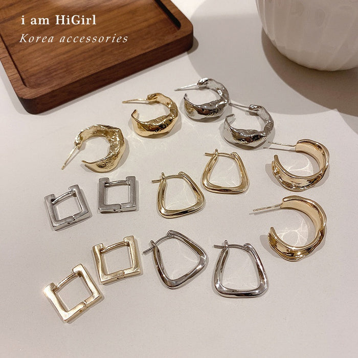 Gold Plated Alloy Geometric Hoop Earrings With Silver Pins Minimalist Korean Japanese Style