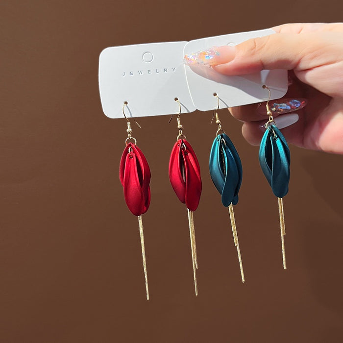 Elegant Petal Drop Earrings With Gold Tassel Chain, Alloy 925 Silver Needle Long Dangle Fashion Earrings
