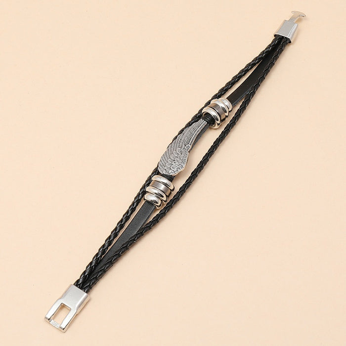European American Punk Braided Cowhide Leather Bracelet With Angel Wing Feather Charm Cuff