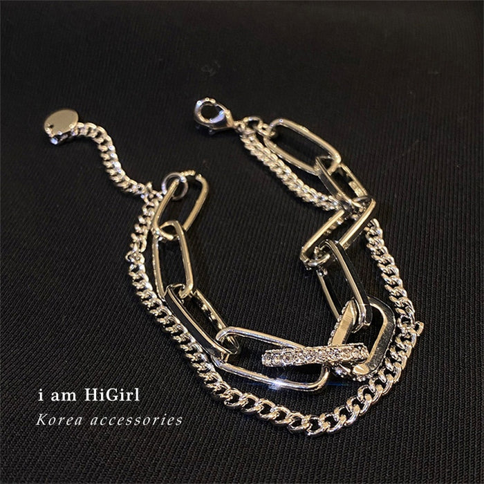 Alloy Full Rhinestone Double Layer Chain Bracelet Geometric Hip Hop Minimalist Style