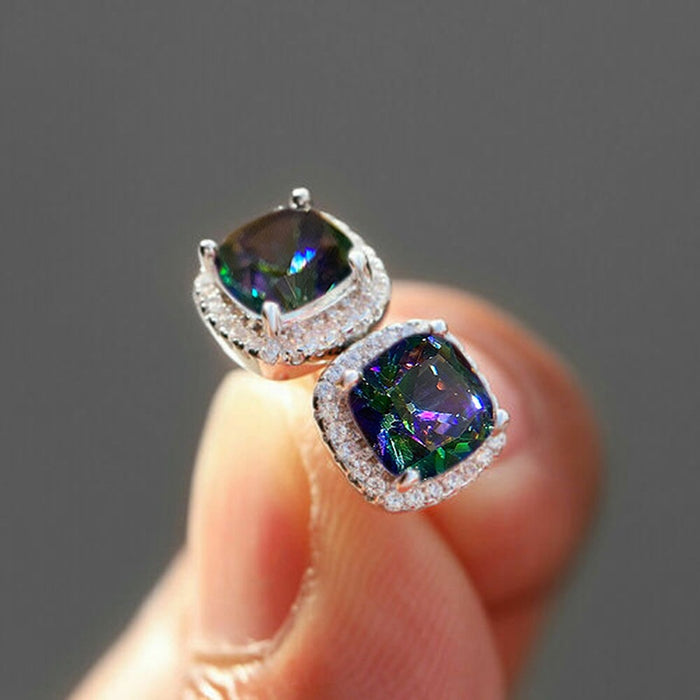 Square Cubic Zirconia Stud Earrings For Women, Forest Style Versatile Fashion Ear Jewelry