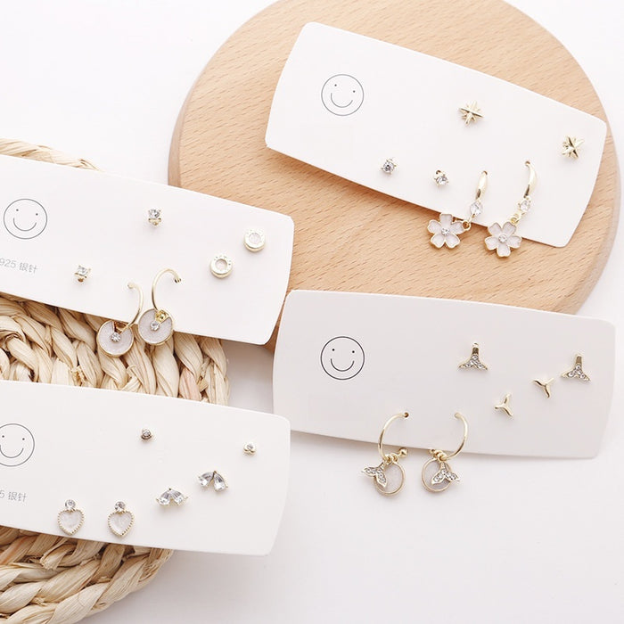 Elegant S925 Silver Needle Shell Rhinestone Heart Flower Fishtail Geometric Three Pair Stud Hoop Earrings