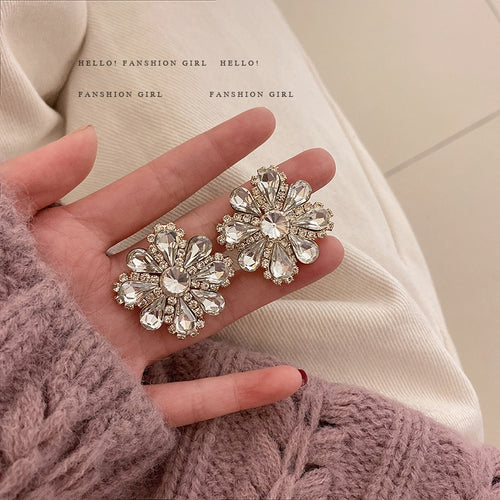 Alloy Full Rhinestone Flower Stud Earrings, Vintage European Statement Light Luxury Style