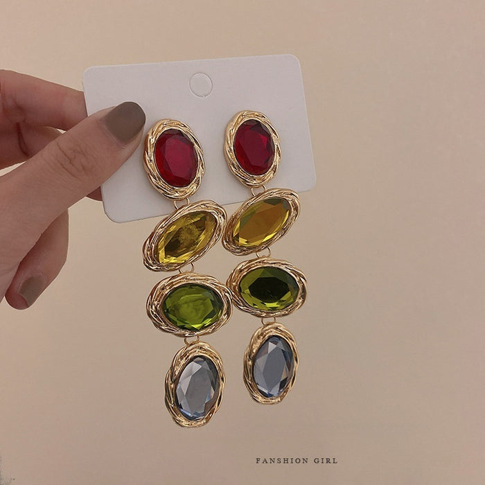 Candy Color Rhinestone Long Drop Earrings For Women, Alloy Irregular Geometric Retro Statement Style