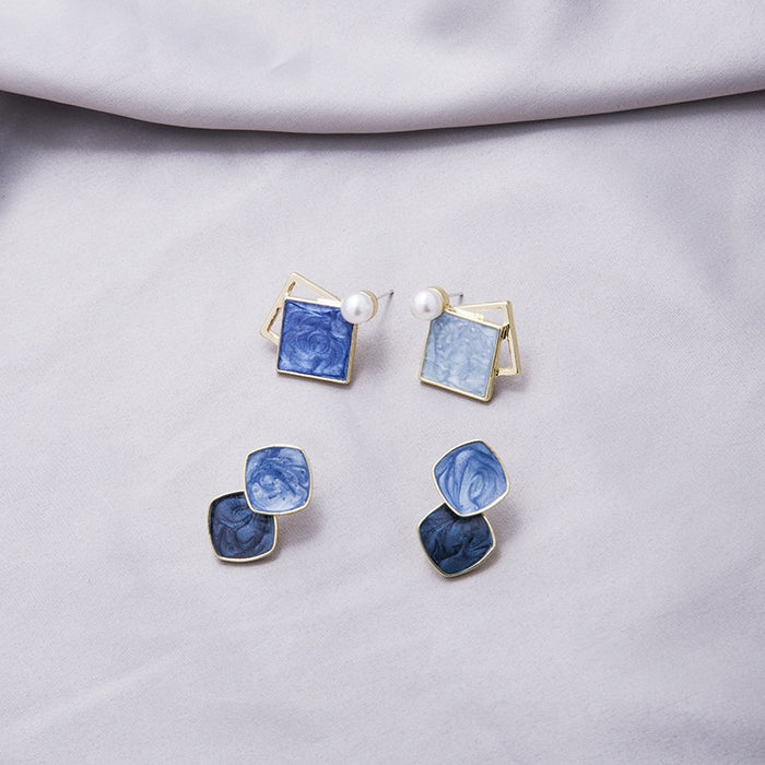 Elegant Geometric Square Blue Enamel Faux Pearl Contrast Color Alloy Stud Screw Clip Earrings