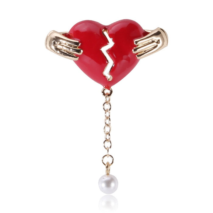 Alloy Heartbeat Heart Pearl Pendant Brooch Pin For Collar Accessories