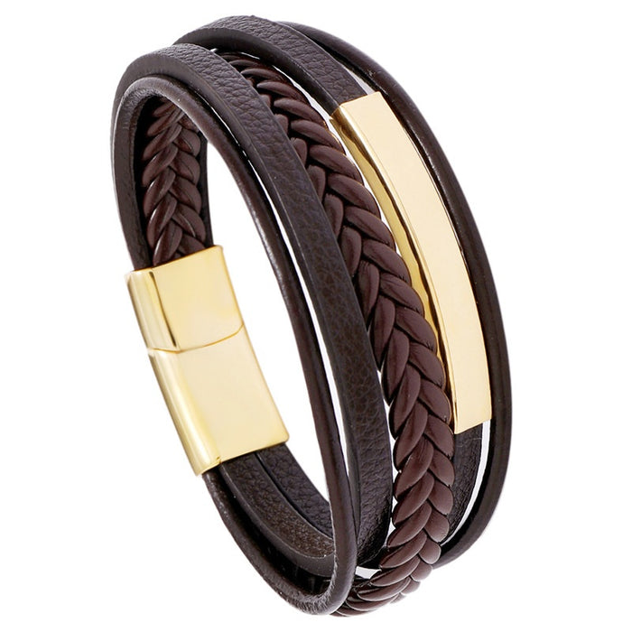 European American Simple Versatile Men's Leather Bracelet Stainless Steel Leather Bangle Jewelry