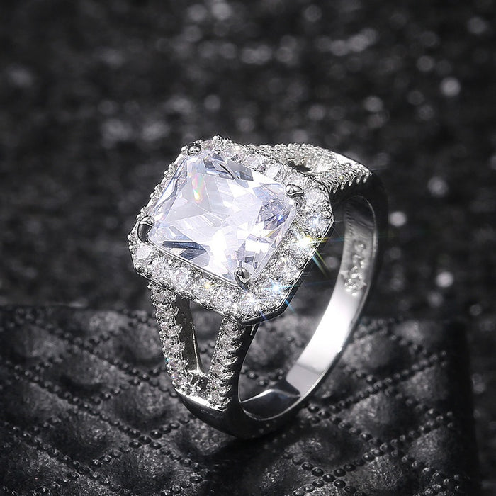European American Classic Square Zircon Ring For Women Copper Platinum Plated Wedding Jewelry