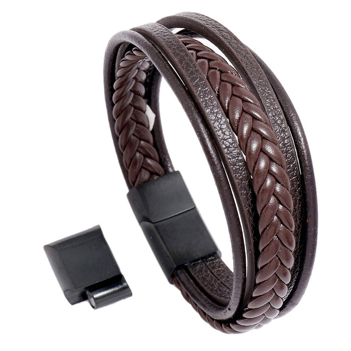 Stainless Steel Magnetic Clasp Cowhide Bracelet For Men Multi Layer Braided Leather Wristband