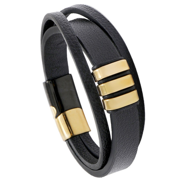 Vintage Black PU Leather Bracelet With Stainless Steel Magnetic Clasp Minimalist Men Bangle