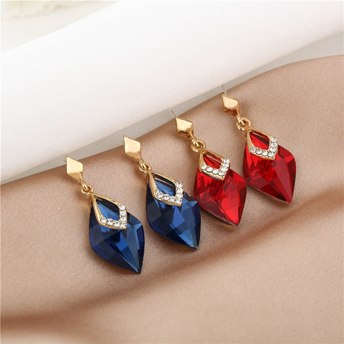 Elegant Long Diamond Shape Crystal Drop Dangle With Rhinestone Trim And Gold Alloy Stud Earrings