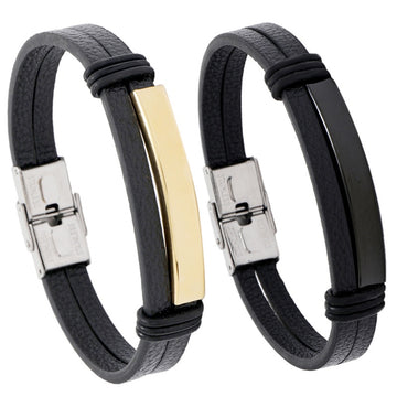 Minimalist Smooth Stainless Steel Men's Leather Bracelet, DIY Custom Engraved Cuff Bangle