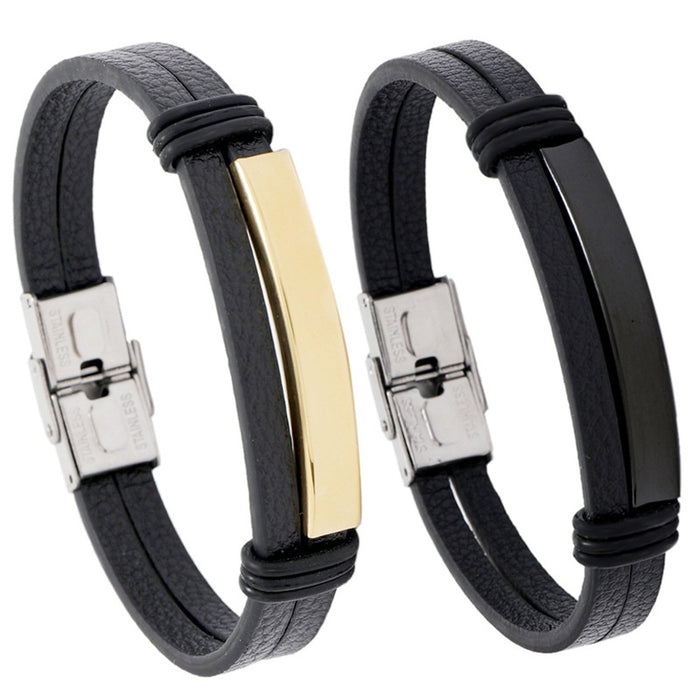 Minimalist Smooth Stainless Steel Men's Leather Bracelet, DIY Custom Engraved Cuff Bangle