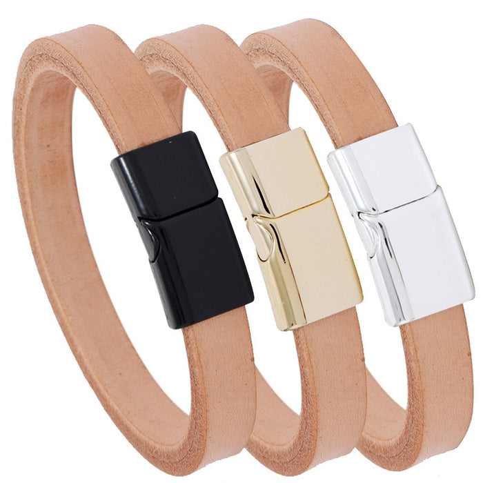 Minimalist Smooth Natural Cowhide Leather Bracelet Trendy Men's Magnetic Clasp Wrist Bangle