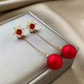 Elegant Christmas Snowflake Red Rhinestone Pearl Chain Drop 925 Silver Needle Two Way Stud Earrings view 2