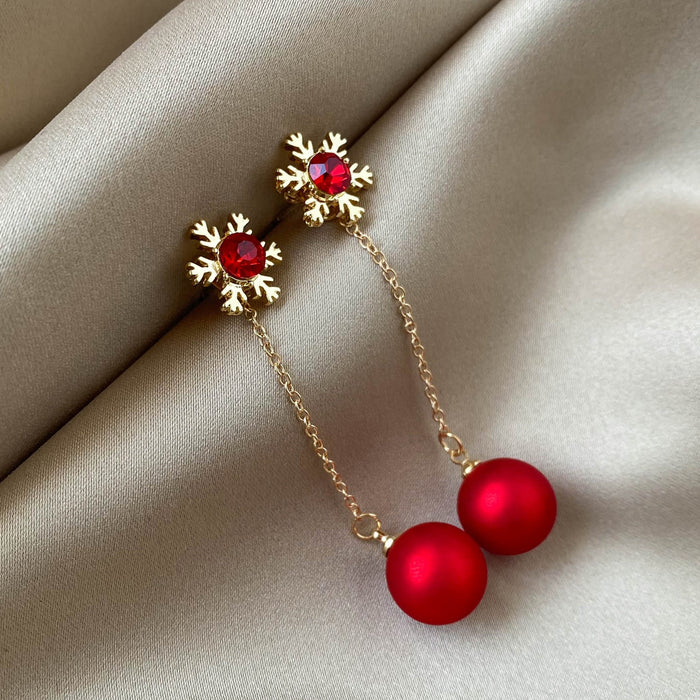 Elegant Christmas Snowflake Red Rhinestone Pearl Chain Drop 925 Silver Needle Two Way Stud Earrings