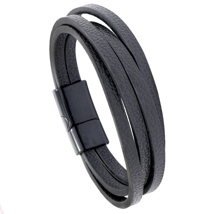 Simple Multilayer Black Leather Bracelet With Vintage Alloy Magnetic Clasp Mens Wrist Jewelry