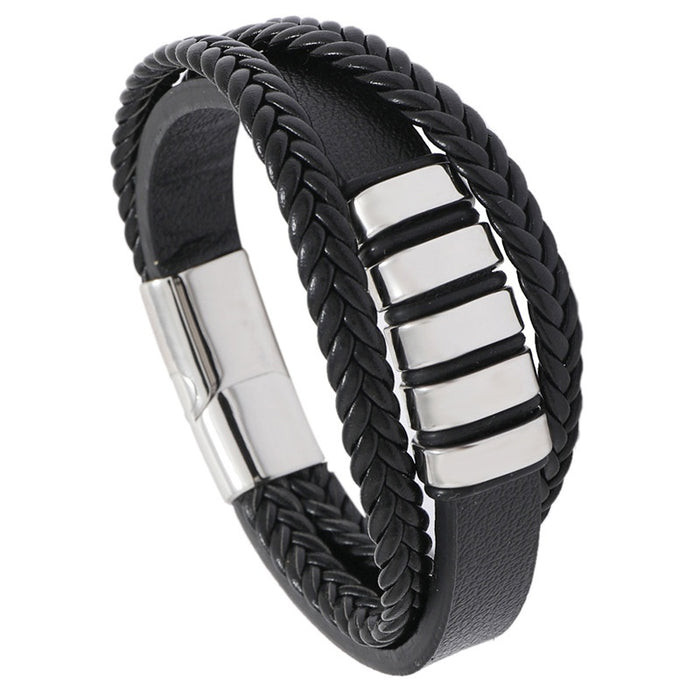 European Punk Stainless Steel Braided PU Leather Bracelet For Men Fashion Accessory