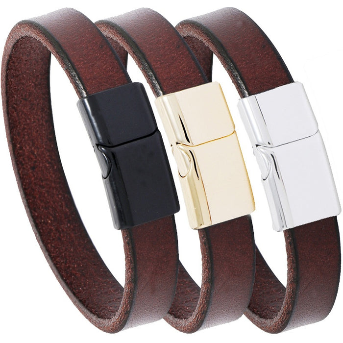 Brown Artistic Unisex Smooth Cowhide Leather Bracelet With Alloy Magnetic Clasp