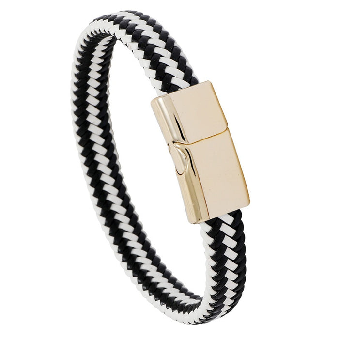 Black And White Braided Leather Bracelet With Magnetic Clasp, Vintage Unisex Wristband