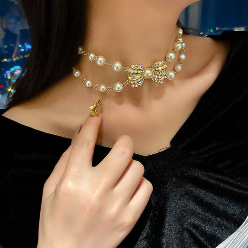 European Style Double Layer Faux Pearl Bow Rhinestone Choker Necklace For Women