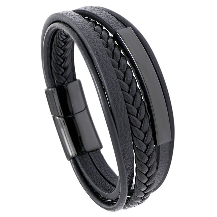 Casual Harajuku Simple Stainless Steel Hip Hop Black Cowhide Leather Bracelet For Men