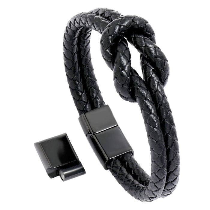 Hip Hop Vintage Braided Leather Bracelet With Stainless Steel Three Section Magnetic Clasp For Men
