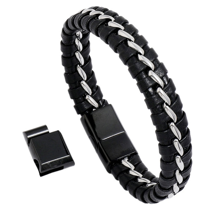 Fashion Chain Braided Cowhide Bracelet Stainless Steel Three Section Magnetic Clasp Leather Bangle