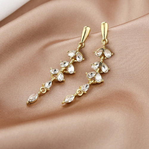 Elegant Luxury Gold Alloy Wheat Leaf Cluster Zircon Crystal Long Dangle Drop Stud Earrings