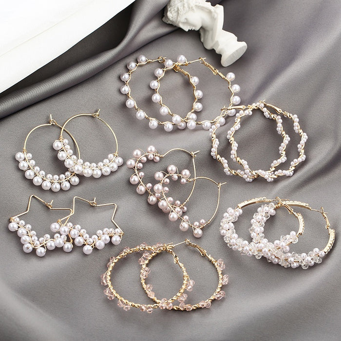 Elegant Geometric Hoop And Star Shape Alloy Faux Pearl Spiral Statement Circle Drop Earrings