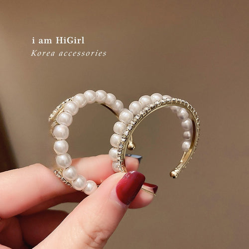 Korean Fashion Alloy Silver Needle Pearl Rhinestone Double C Hoop Earrings For Women