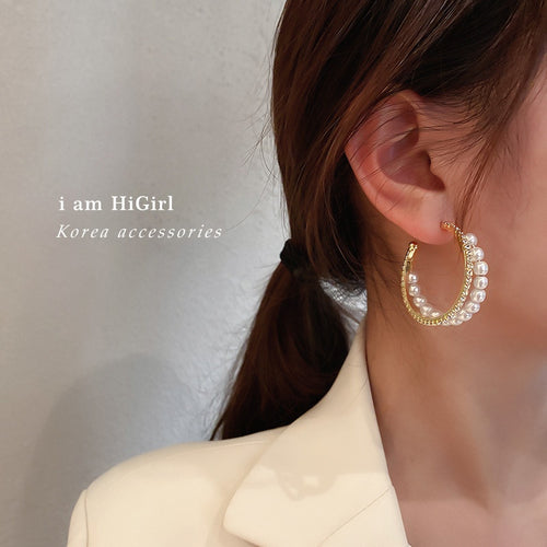Korean Fashion Alloy Silver Needle Pearl Rhinestone Double C Hoop Earrings For Women