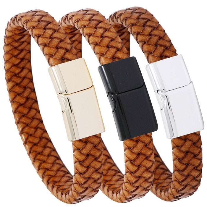 Vintage Braided Faux Leather Men's Bracelet With Magnetic Clasp, Simple Hip Hop Wristband