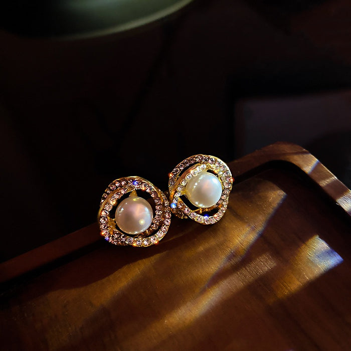 Korean Style Alloy Double Circle Pearl Rhinestone Stud Earrings for Women