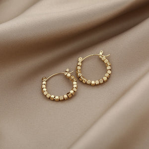 Korean Vintage Gold Alloy Small Hoop With Square Bead Charms Elegant Minimal Fashion Earrings