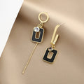 Elegant Asymmetric Geometric Hollow Square Black Enamel Rhinestone Gold Plated 925 Silver Pin Drop Earrings view 2