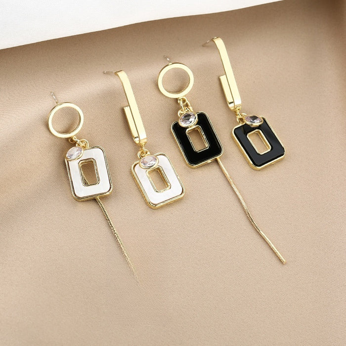 Elegant Asymmetric Geometric Hollow Square Black Enamel Rhinestone Gold Plated 925 Silver Pin Drop Earrings
