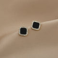 Elegant Geometric Square Studs With Black Enamel Center Rhinestone Trim 925 Silver Needle Earrings view 1