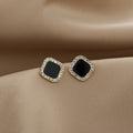 Elegant Geometric Square Studs With Black Enamel Center Rhinestone Trim 925 Silver Needle Earrings view 3