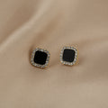 Elegant Geometric Square Studs With Black Enamel Center Rhinestone Trim 925 Silver Needle Earrings view 2
