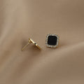 Elegant Geometric Square Studs With Black Enamel Center Rhinestone Trim 925 Silver Needle Earrings view 4