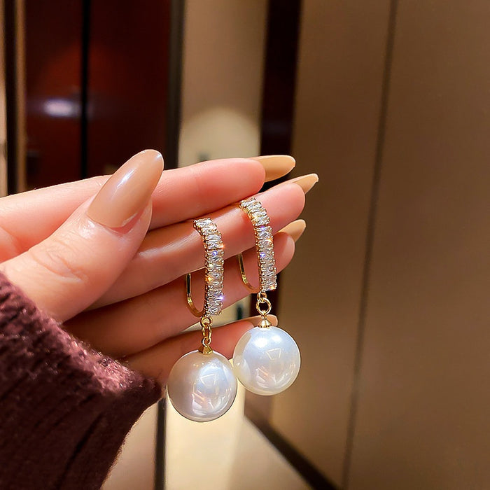 Korean Vintage Geometric Pearl Zircon Drop Earrings With Silver Pins For Women